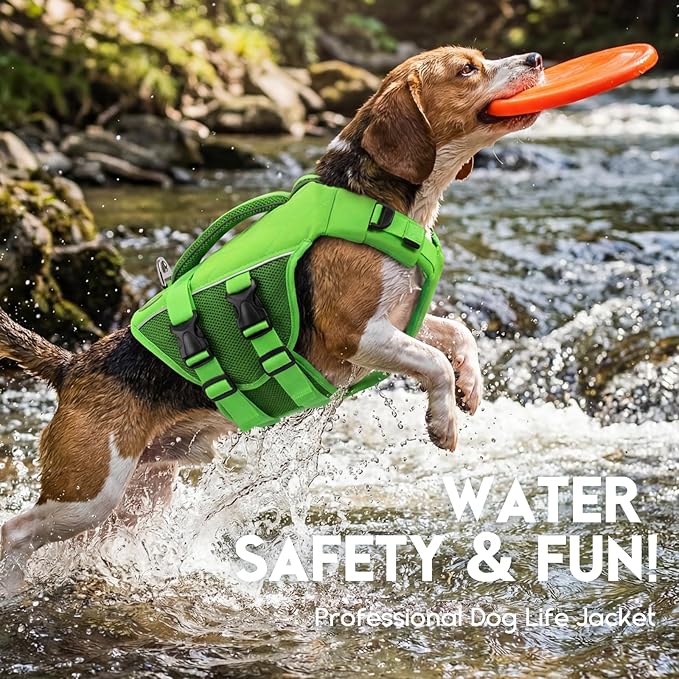 ASENKU Dog Life Jacket, High-Buoyancy Reflective Dog Swimming Vest with Durable Handles for Small/Medium/Large Dogs - Pool, Beach, Boating (Green, XS)