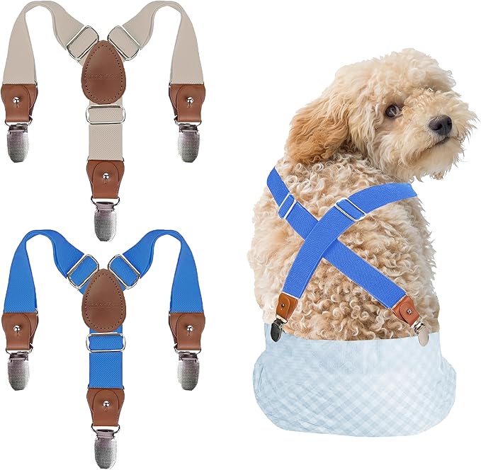 2 Pieces Dog Diaper Suspenders, for Dog Diaper Female and Belly Band for Male (X-Small/Small, Blue&Beige)