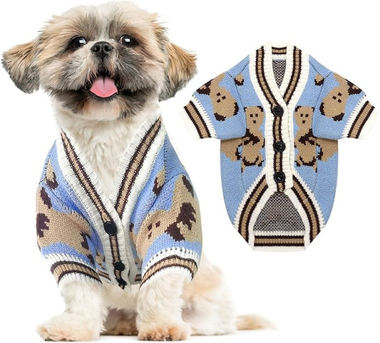 Small Dog Sweaters Cute Bear Dog Cardigans Clothes for Small Medium Dogs Boy Girl Puppy Cat Knitting Cardigan Outfits Dogs Autumn Coats Warm Pet Doggy Clothes Soft Knitwear Apparel (Blue,M)