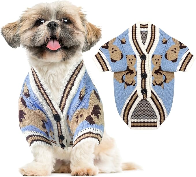 Small Dog Sweaters Cute Bear Dog Cardigans Clothes for Small Medium Dogs Boy Girl Puppy Cat Knitting Cardigan Outfits Dogs Winter Coats Warm Pet Doggy Clothes Soft Knitwear Apparel (Blue,S)