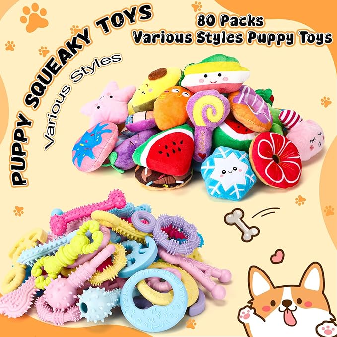Hungdao 80 Pcs Valentines Dog Toys Bulk Squeaky Dog Gifts for Medium Small Puppy Stuffed Plush Chew Toys Small Pet with Squeakers for Puppies Teething(Vivid Style)