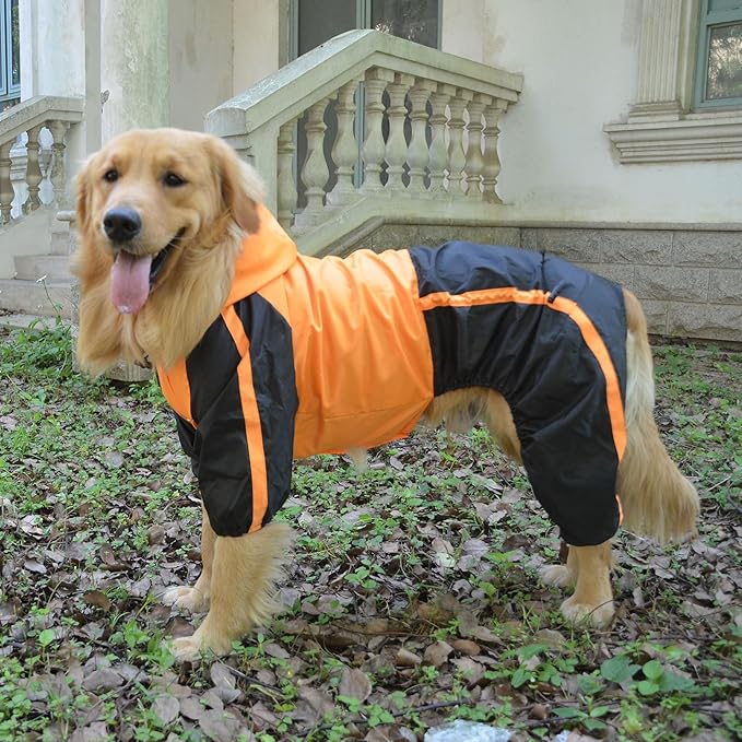 Lovelonglong Dog Hooded Raincoat, Small Dog Rain Jacket Poncho Waterproof Clothes with Hood Breathable 4 Feet Four Legs Rain Coats for Small Medium Large Pet Dogs Orange M