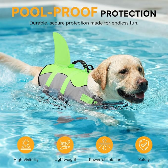 Queenmore Dog Life Jacket Ripstop Shark Dog Safety Vest Adjustable Preserver with High Buoyancy and Durable Rescue Handle for Small,Medium,Large Dogs, Green Shark Small