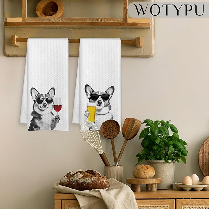 Funny Corgi Kitchen Bar Towels, Corgi Gifts for Corgis Lovers, Wine Beer Lovers Gifts Decorative Hand Towels for Kitchen Bar Cart Decor, 16x24 Inch Set of 2