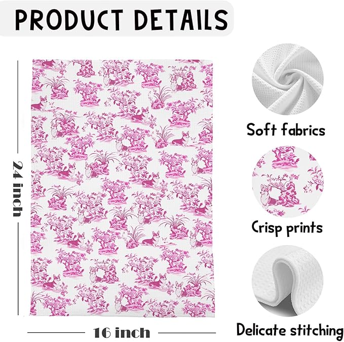 Chinoiserie Pink Corgi Kitchen Towels,Corgi Gifts for Corgi Lovers Dish Tea Towels for Kitchen Decor,Pink Corgi Decorative Hand Towels for Bathroom, 16x24 Inches