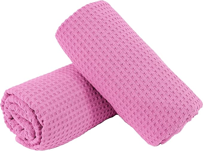POLYTE Microfiber Oversize Quick Dry Lint Free Bath Towel, 60 x 30 in, Set of 2 (Pink, Waffle Weave)