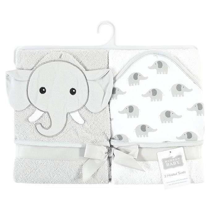 Hudson Baby Unisex Baby Cotton Animal Face Hooded Towel, Gray Elephant, One Size