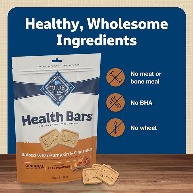 Blue Buffalo Health Bars Crunchy Dog Biscuits,Oven-Baked with Natural Ingredients,Pumpkin & Cinnamon,16-oz Bag,(Pack of 4)