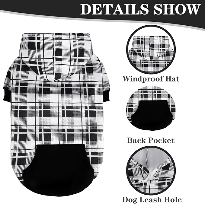 EXPAWLORER Plaid Dog Hoodie - British Style Warm Dog Sweater Shirt with Leash Hole,Pitbull Clothes Outfits,Winter Coat Apparel for All Breeds Puppy Girl Boy-Cat Apparel,Black & White Medium