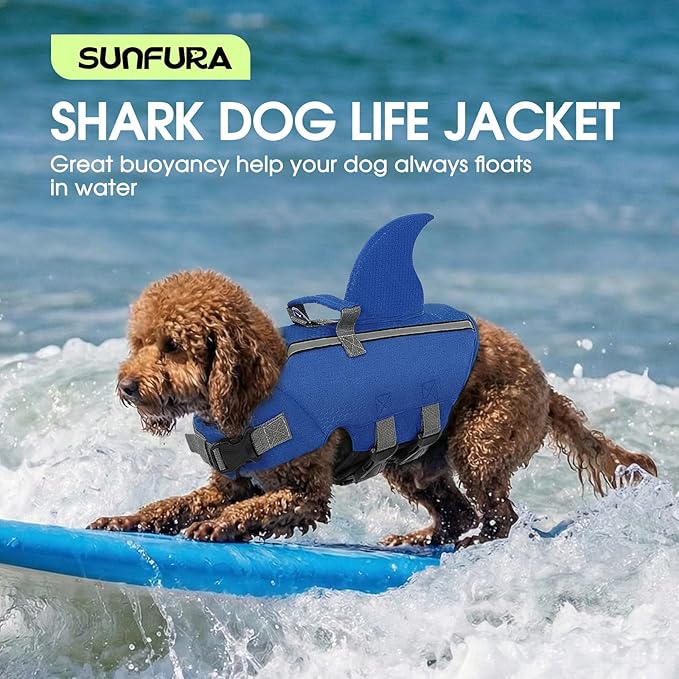 SUNFURA Dog Life Jacket Shark Life Vest for Dogs, Adjustable Swmming Vest with High Buoyancy, Safety Lifesaver with Rescue Handle for French Bulldog Small Medium Breeds, Dark Blue XS