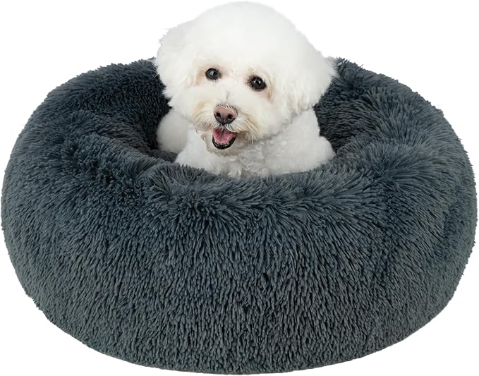Best Pet Supplies Round Calming Dog Bed for Small, Medium & Large Dogs, Plush Donut Cuddler Pet Bed w/Raised Rim for Head, Neck Support, Anti-Slip Bottom Washable Bed - Gray, 24 x 24 x 7