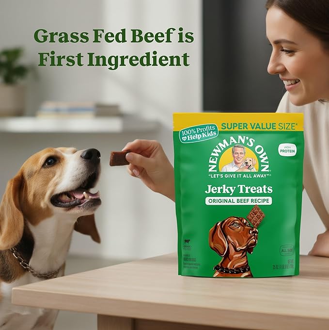 Newman's Own Jerky Treats for Dogs - Grain Free - High Protein Dog Treats with Grass Fed Beef as First Ingredient - Original Beef Recipe - Super Value Size - 25 oz Bag