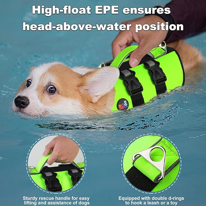 Dogcheer Dog Harness Life Jacket, High Buoyancy Neoprene Dog Life Vest for Swimming Boating, Adjustable Puppy Swim Vest Reflective Pet Float Vest for Small Medium Large Dogs - Green, M