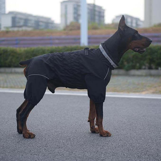 Winter Waterproof Dog Snowsuit – Full Body Outdoor Jacket with Leash Ring, Fleece Lining, Windproof Reflective 4-Leg Dog Coat for Small to Large Dogs Black XS