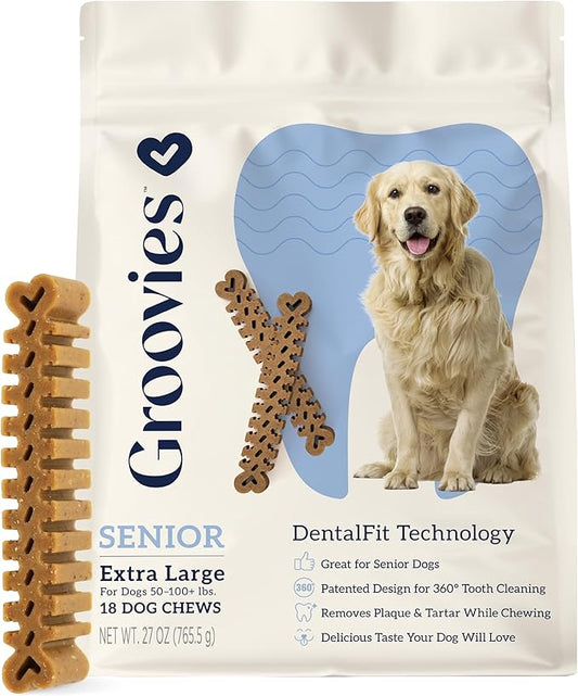 Groovies Gentle & Flexible Senior Dog Dental Chews, Contact-Cleaning Design Supporting Tartar Control & Fresh Breath, Oral Care Treats, USA Manufactured, Patented DentalFit Tech, XLarge Dogs, 18 Chews