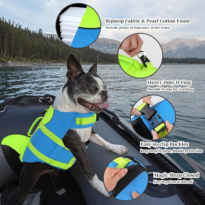 Dogcheer Dog Life Jacket, Cute Shark Dog Life Vest for Swimming Boating with Superior Buoyancy and Rescue Handle, Adjustable Puppy Swim Vest Floating Vest for Small Medium Large Dogs - Blue-Green,L