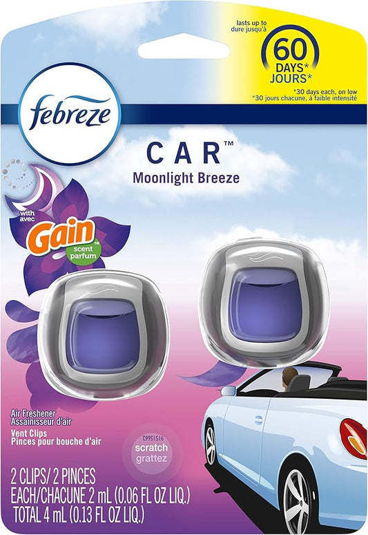 Febreze Car Odor-Eliminating Air Freshener Vent Clip with Gain Scent, Moonlight Breeze, 2 count