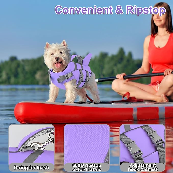 Dogcheer Dog Harness-Style Life Jacket Shark, Reflective Dog Life Vest for Swimming Boating, Puppy Swim Vest, Pet Floating Device for Small Medium Large Dogs - Taro Purple,XL