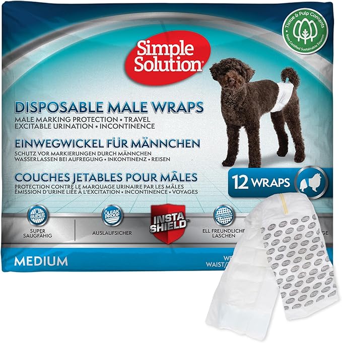 Simple Solution Disposable Wraps for Male Dogs, Dog Diapers, Male Dog Wraps, Leak Proof with Wetness Indicator, Potty Training, Doggie Diaper for Incontinence, 15 – 23 Inch Waist, (M,12 Count)