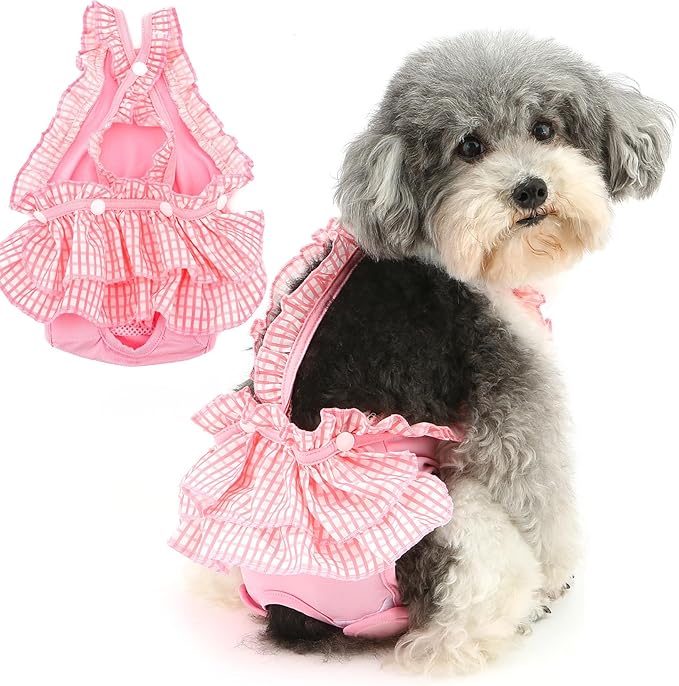 Zunea Washable Female Small Dog Diapers for XS/S Size Dogs Adjustable Suspender Reusable Puppy Sanitary Diaper Pantie Cute Plaid Nappies Skirt for Doggy Chihuahua Yorkie in Heat Babypink L