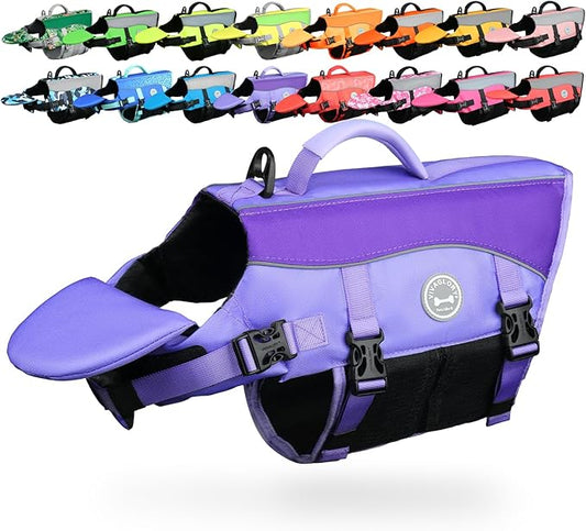 VIVAGLORY Front Float Dog Life Vest, Dog Life Jacket for Swimming & Boating, Swimming Vest with Chin Float & Handle, Ripstop & Buoyancy for Puppy Doggy, XL, Purple