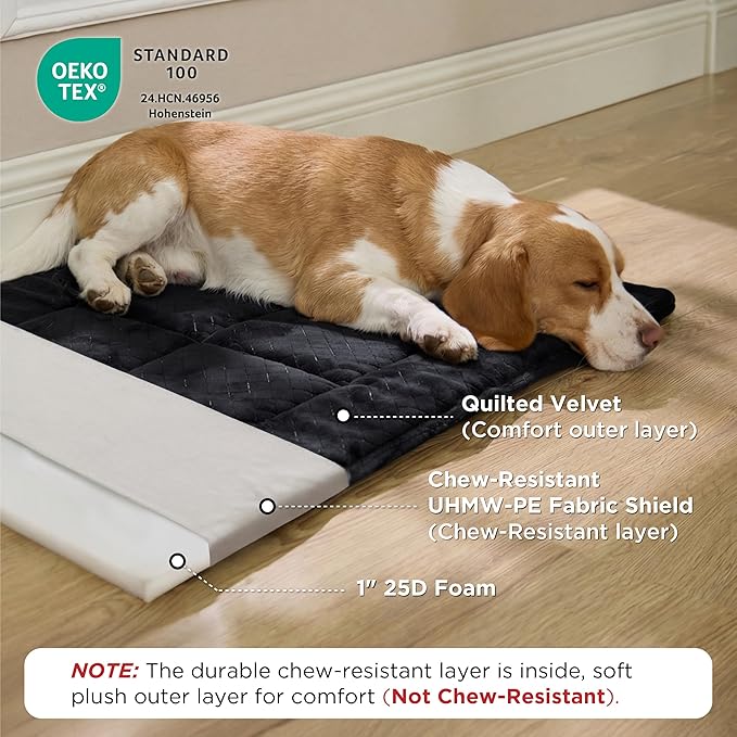 Bedsure Chew Resistant Dog Bed Medium Size Dog - Chew Proof Dog Crate Pad Machine Washable Durable Kennel Mat for Chewers with Reinforced Corners, Black, 29x18 in