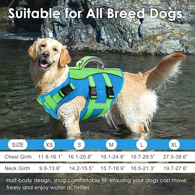 Dog Life Jacket, High Buoyancy Dog Life Vest with Handle for Swimming Boating, Adjustable Swimming Vest with Reflective Trim for Small Medium Large Dogs - Blue & Green, L