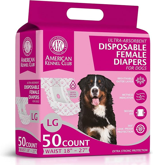 American Kennel Club Female Dog Wrap, Disposable Diapers with Wetness Indicator (L – Low Tail (18–27 in), 50, Count)
