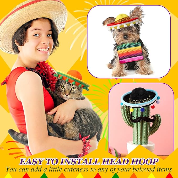 9 Pcs Pet Sombrero Hats Cinco de Mayo Adjustable Mexican Fiesta Dog Cat Straw Hat with Pom Pom Tassel for Small Medium Pets Mexican Party Costume