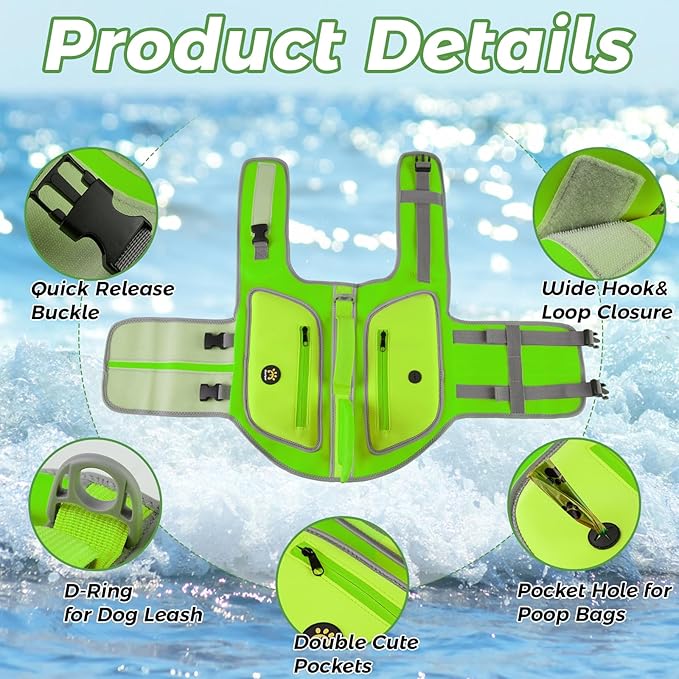 Dog Life Vests for Boating and Swimming, Dog Life Jacket with Shark Fin, Rescue Handle Pet Preserver for Medium Dogs, Neoprene Good Buoyancy Dogs Floating Safety Vest (LightGreen, Medium)
