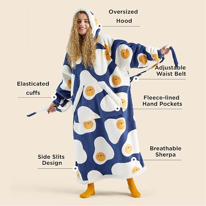 Bedsure Oversized Wearable Blanket Hoodie for Women, Long Printed Hooded Blanket Sweatshirt with Big Pocket as Gifts for Girl, Fried Egg, Sea Blue