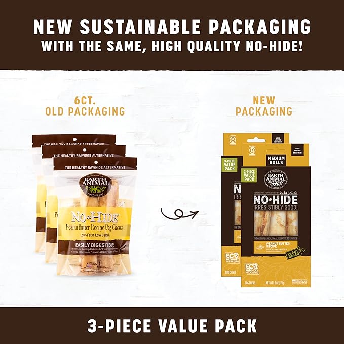 Earth Animal No Hide Chews - Long Lasting Rawhide Free Medium Dog Chews Rolls, Peanut Butter - 3 Count Value Pack