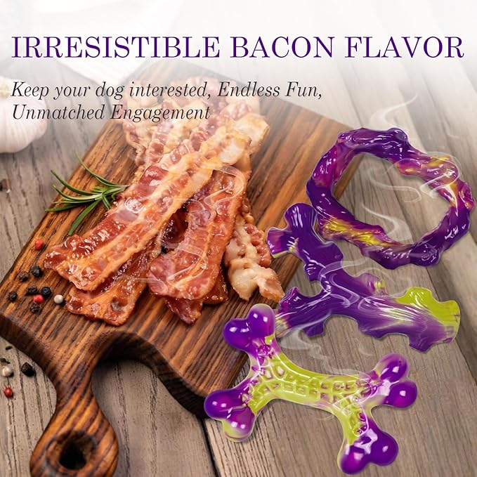 Tough Dog Toys for Aggressive Chewers 3 Pack, Indestructible Dog Toy for Large Dogs, Keeps Dogs Busy Bacon Flavored Nylon Bone for 15-60lbs Medium/Large Breeds, Interactive Dog Toys