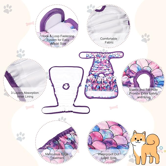 4 Pack Dog Diapers Female Washable Dog Diapers Reusable Puppy Diapers Highly Absorbent Comfortable Doggy Diapers for Dogs in Heat or Excitable Urination (L, Mermaid)