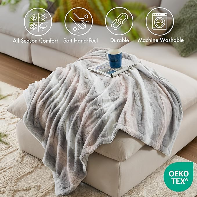 Madison Park Zuri Soft Plush Luxury Oversized Faux Fur Throw Animal Stripes Design, Faux Mink On The Reverse, Modern All Seasons Blanket for Bed, Sofa Couch, Office, Blush/Grey, 60x70