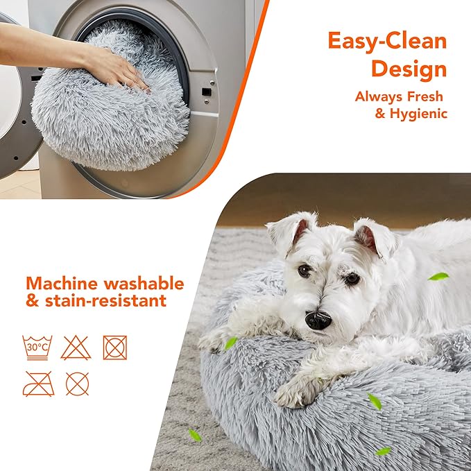 Deconovo Calming Donut Dog Bed, Washable Plush Round Pet Bed for Small Dogs & Cats with Raised Rim, Non-Slip Base and Soft Faux Fur—Lightweight, Easy-Care Design Light Grey 21" L x 21" W x 8" Th