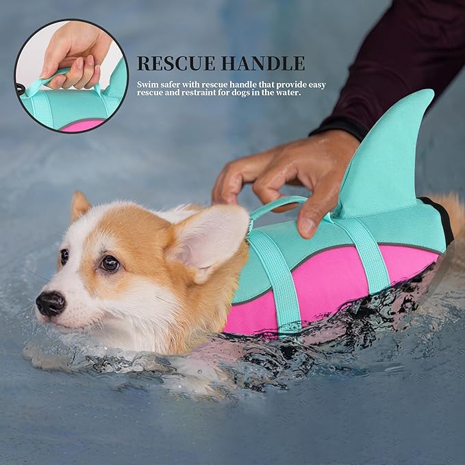Dogcheer Dog Life Jacket Shark, Ripstop Dog Life Vest for Swimming Boating with Reflective Stripes & Rescue Handle, High Buoyancy Pet Swim Vest for Small Medium Large Dogs - Pink & Green, XS