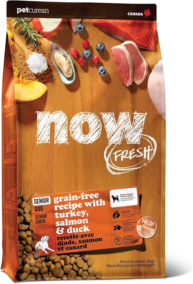 Now Fresh Grain-Free Senior Dry Dog Food with Turkey, Salmon & Duck, Premium Kibble Made with Real Poultry & Fish, Chicken-Free Recipe, Glucosamine & Chondroitin for Healthy Joints, 12 lb Bag