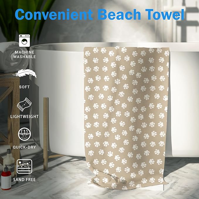 Brown Paws Dog Pet Beach Towel Gifts for Women Dog Lovers Owner, Funny Cute Quick Dry Travel Sand Free Beach Towels Oversized Decor for Bathroom Swimming Pool 30x60in