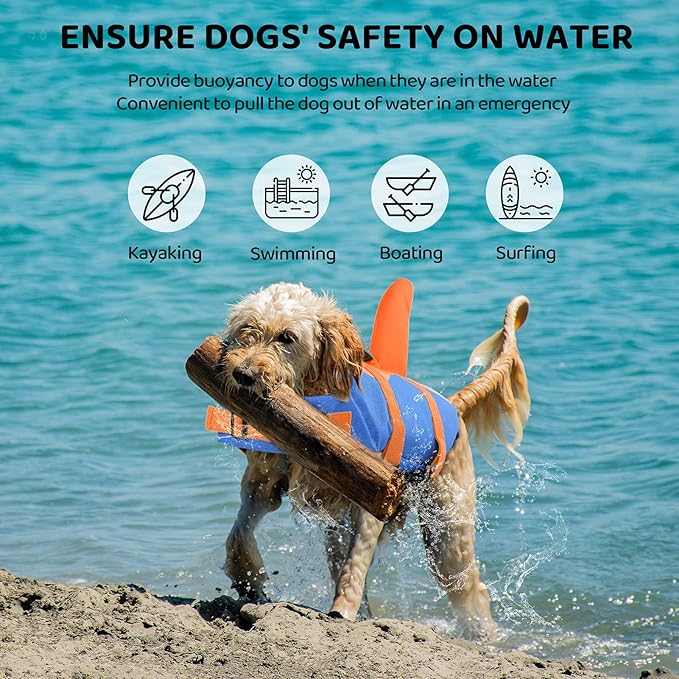 Queenmore Dog Life Jacket, Adjustable Dog Life Vest, Pet Lifesaver for Swimming, Shark Life Jacket with Rescue Handle, Rip-Stop Safety Vest for Small Medium Large Dogs