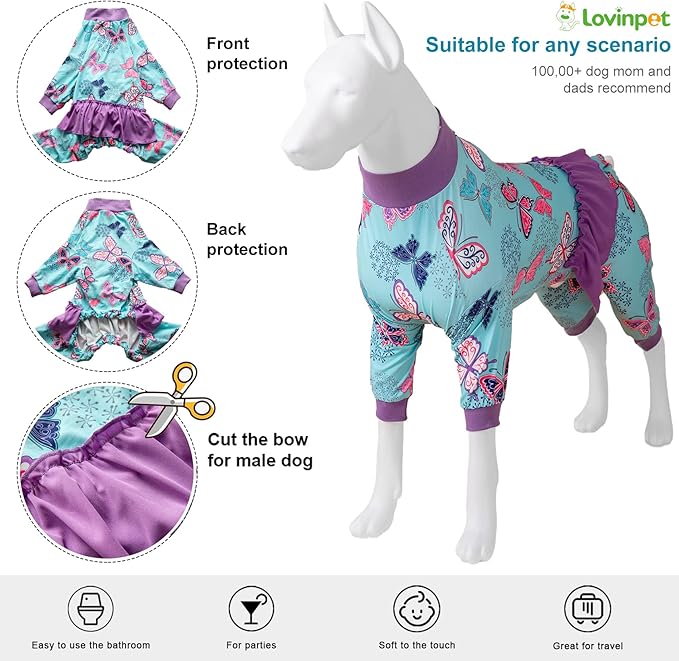 LovinPet Large Dogs Clothing, Post Surgery Comfort Pajamas, Lightweight Stretchy Fabric, Navy Butterfly Wings Print, Large Dog Pajamas, Pitbull Clothes, Undershirt for Dog Dresses, Pink L
