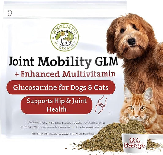 Wholistic Pet Organics - Hip and Joint Supplement for Dogs & Cats - Cat and Dog Joint Supplement - Green Lipped Mussels, Glucosamine, Chondroitin for Dogs & Cat Mobility Support - 4 Lb - 181 Scoops