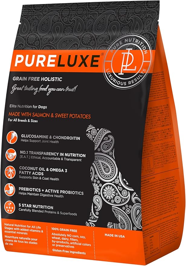 PURELUXE Grain and Gluten Free Dog Food, Salmon and Split Peas Elite Nutrition, for All Breeds and Sizes, All Life Stages, Made in The USA, 4lbs