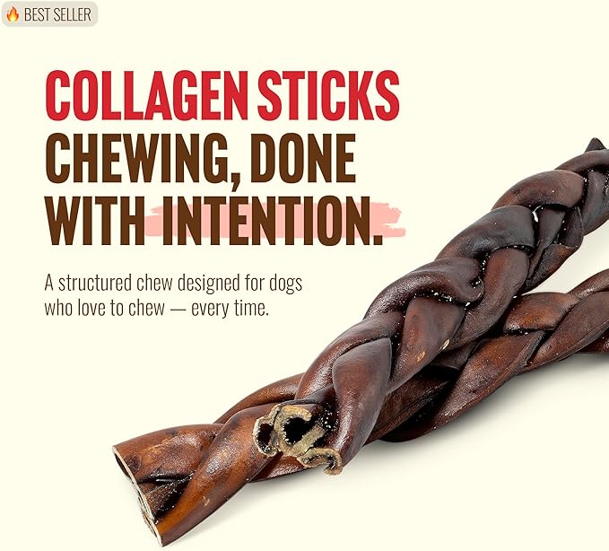 Natural Farm Odor-Free Super Braided Collagen Dog Chews (12-Inch, 5-Pack) First Ever Real Bull Sticks Alternative: 100% Natural Angus Hide Collagen Treats - More Protein, More Chew Time for All Dogs