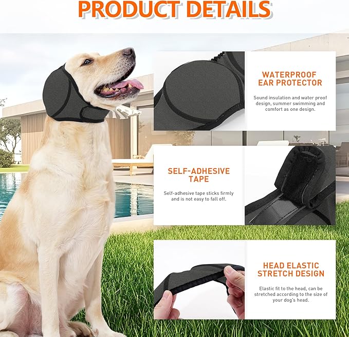 Waterproof Dog Ear Covers for Grooming, Bathing,Swimming, Pet Calming Hoodie Dog Ear Muffs Noise Protection for Blow Drying Sleep Help Headband (Gray，S)