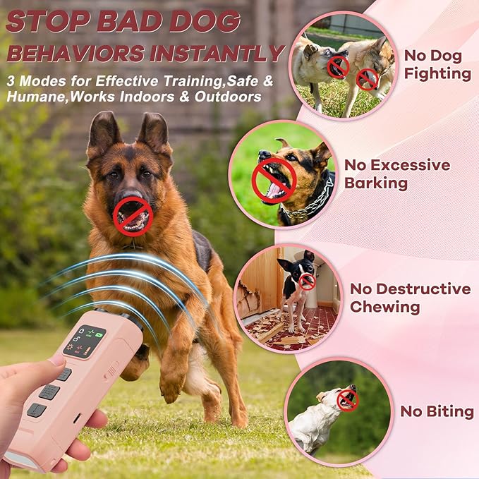 Ultrasonic Dog Bark Deterrent & Anti-Barking Training Device, 3 Modes to Stop Dog Barking, Handheld Tool, Safe, Rechargeable, Compact and Portable, Suitable for Indoor/Outdoor Use(Pink)