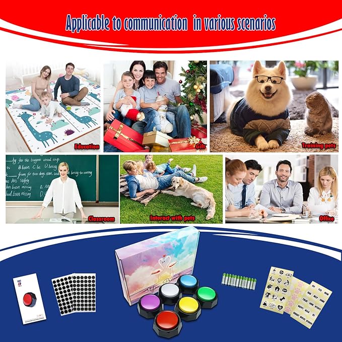 Recordable Buttons, Dog Training and Communication Buttons, Pack of 6, 30 Seconds Recording, 30 Scene 15 Custom Stickers, 6 Pairs Non-Slip Stickers, Sound Quality is Clearly (Batteries Included)