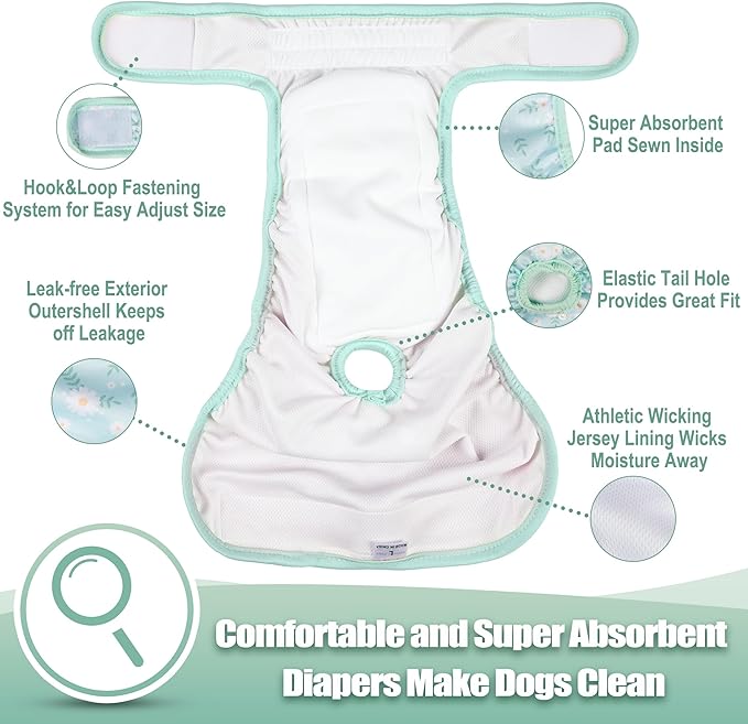 wegreeco Washable Female Dog Diapers Highly Absorbent Reusable Diapers for Dog in Heat Period, 3 Pack (Chrysanthemum, Large)