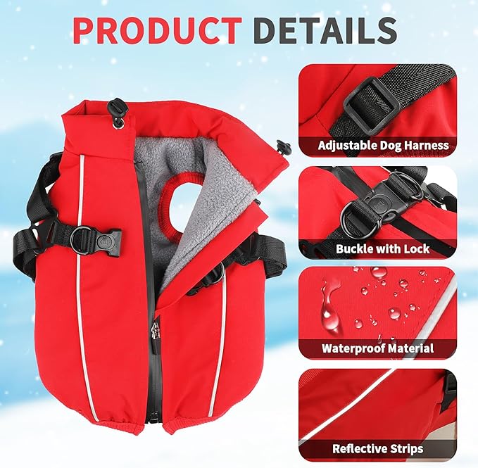 Dog Winter Coat Reflective Water-Resistant Jacket, Fleece Lined Windproof Puppy Coat with Back Zipper & D-Ring, Cold Weather Dog Coats for Small Medium Dogs (L, Red)