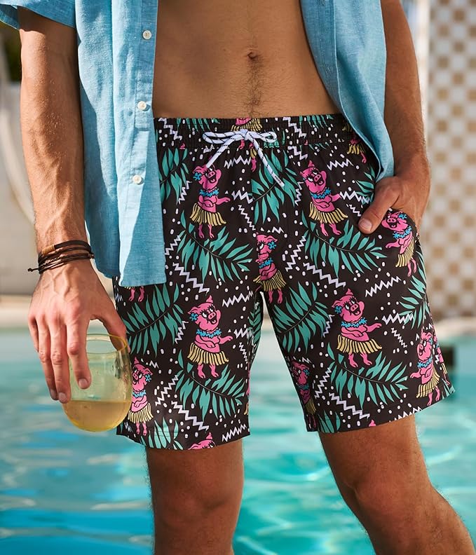 Tipsy Elves Men's Stretch Swim Trunks 7 Inch Inseam 4-Way Stretch with Mesh Liner - Quick-Dry Funny Swimwear Bathing Suit